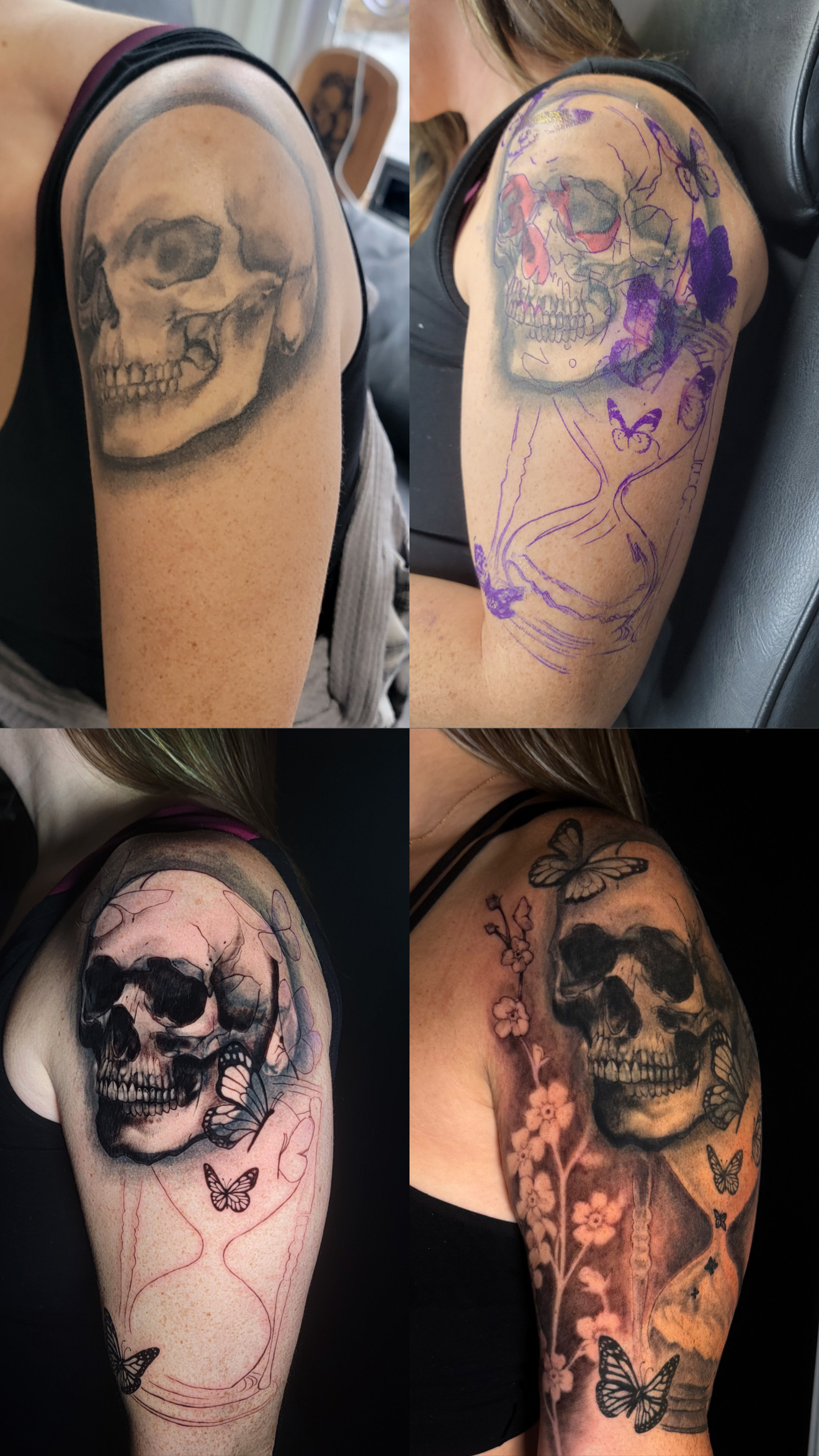 Skull coverup tattoo transformation before and after with purple flowers and butterflies on upper arm